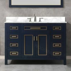 WOODBRIDGE Milan 49” Floor Mounted Single Basin Vanity Set With Solid Wood Cabinet In Navy Blue And Engineered Stone Composite Vanity Top In Fish Belly White With Pre-installed Undermount Rectangle Bathroom Sink And Pre-Drilled 3-Hole For 8” Widespread F