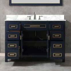 WOODBRIDGE Milan 49” Floor Mounted Single Basin Vanity Set With Solid Wood Cabinet In Navy Blue And Engineered Stone Composite Vanity Top In Fish Belly White With Pre-installed Undermount Rectangle Bathroom Sink And Pre-Drilled 3-Hole For 8” Widespread F -Woodbridgebath Shop 60d2af8264c47 thumb 600x600