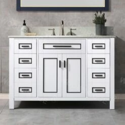 WOODBRIDGE Milan 49" Floor Mounted Single Basin Vanity Set With Solid Wood Cabinet In White And Engineered Stone Composite Vanity Top In Carrara White With Pre-installed Undermount Rectangle Bathroom Sink And Pre-Drilled 3-Hole For 8-inch Widespread Fauc -Woodbridgebath Shop 60d2fa48de0b3 thumb 600x600