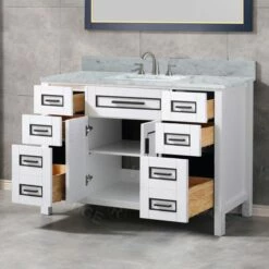 WOODBRIDGE Milan 49” Floor Mounted Single Basin Vanity Set With Solid Wood Cabinet In White, And Carrara White Marble Vanity Top With Pre-installed Undermount Rectangle Bathroom Sink In White, Pre-Drilled 3-Hole For 8-inch Widespread Faucet -Woodbridgebath Shop 60d2fc1856c74 thumb 600x600