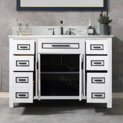 WOODBRIDGE Milan 49” Floor Mounted Single Basin Vanity Set With Solid Wood Cabinet In White, And Carrara White Marble Vanity Top With Pre-installed Undermount Rectangle Bathroom Sink In White, Pre-Drilled 3-Hole For 8-inch Widespread Faucet -Woodbridgebath Shop 60d2fc19e1b42 thumb 600x600