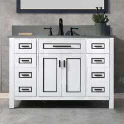 WOODBRIDGE Milan 49” Floor Mounted Single Basin Vanity Set With Solid Wood Cabinet In White And Engineered Stone Composite Vanity Top In Dark Gray With Pre-installed Undermount Rectangle Bathroom Sink In White And Pre-Drilled 3-Hole For 8” Widespread Fau