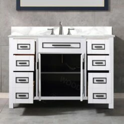 WOODBRIDGE Milan 49” Floor Mounted Single Basin Vanity Set With Solid Wood Cabinet In White And Engineered Stone Composite Vanity Top In Fish Belly White With Pre-installed Undermount Rectangle Bathroom Sink And Pre-Drilled 3-Hole For 8-inch Widespread F -Woodbridgebath Shop 60d3f63e7c9ea thumb 600x600
