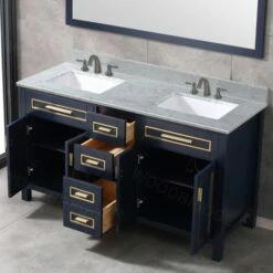 WOODBRIDGE Milan 61” Floor Mounted Single Basin Vanity Set With Solid Wood Cabinet In Navy Blue, And Carrara White Marble Vanity Top With Pre-installed Undermount Rectangle Bathroom Sink In White, Pre-Drilled 3-Hole For 8-inch Widespread Faucet -Woodbridgebath Shop 60d568b74b78a thumb 600x600