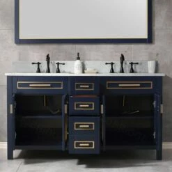 WOODBRIDGE Milan 61” Floor Mounted Single Basin Vanity Set With Solid Wood Cabinet In Navy Blue, And Carrara White Marble Vanity Top With Pre-installed Undermount Rectangle Bathroom Sink In White, Pre-Drilled 3-Hole For 8-inch Widespread Faucet -Woodbridgebath Shop 60d568b8a2344 thumb 600x600