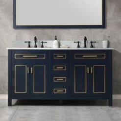 WOODBRIDGE Milan 61” Floor Mounted Single Basin Vanity Set With Solid Wood Cabinet In Navy Blue, And Carrara White Marble Vanity Top With Pre-installed Undermount Rectangle Bathroom Sink In White, Pre-Drilled 3-Hole For 8-inch Widespread Faucet