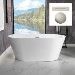 WOODBRIDGE 54" Acrylic Freestanding Bathtub Contemporary Soaking Tub With Brushed Nickel Overflow And Drain,White Tub,B1702-B/N-Drain&O