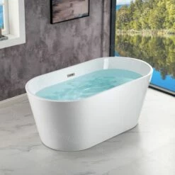 WOODBRIDGE 54" Acrylic Freestanding Bathtub Contemporary Soaking Tub With Brushed Nickel Overflow And Drain,White Tub,B1702-B/N-Drain&O -Woodbridgebath Shop 60d592ef92d1a thumb 600x600