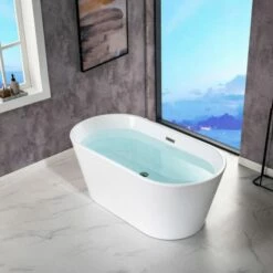 WOODBRIDGE 54" Acrylic Freestanding Bathtub Contemporary Soaking Tub With Brushed Nickel Overflow And Drain,White Tub,B1702-B/N-Drain&O -Woodbridgebath Shop 60d592fabf53d thumb 600x600