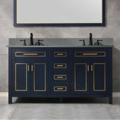 WOODBRIDGE Milan 61”Floor Mounted Single Basin Vanity Set With Solid Wood Cabinet In Navy Blue And Engineered Stone Composite Vanity Top In Dark Gray With Pre-installed Undermount Rectangle Bathroom Sink In White And Pre-Drilled 3-Hole For 8”Widespread F