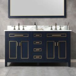 Best Seller WOODBRIDGE Milan 61” Floor Mounted Single Basin Vanity Set With Solid Wood Cabinet In Navy Blue And Engineered Stone Composite Vanity Top In Fish Belly White With Pre-installed Undermount Rectangle Bathroom Sink And Pre-Drilled 3-Hole For 8” Widespread F