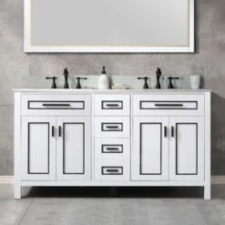 WOODBRIDGE Milan 61” Floor Mounted Single Basin Vanity Set With Solid Wood Cabinet In White, And Carrara White Marble Vanity Top With Pre-installed Undermount Rectangle Bathroom Sink In White, Pre-Drilled 3-Hole For 8-inch Widespread Faucet