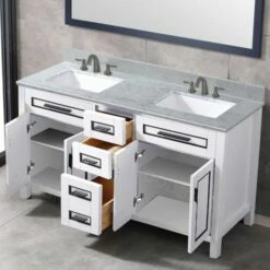 WOODBRIDGE Milan 61” Floor Mounted Single Basin Vanity Set With Solid Wood Cabinet In White, And Carrara White Marble Vanity Top With Pre-installed Undermount Rectangle Bathroom Sink In White, Pre-Drilled 3-Hole For 8-inch Widespread Faucet -Woodbridgebath Shop 60d96d8cedf58 thumb 600x600