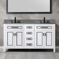 WOODBRIDGE Milan 61” Floor Mounted Single Basin Vanity Set With Solid Wood Cabinet In White And Engineered Stone Composite Vanity Top In Dark Gray With Pre-installed Undermount Rectangle Bathroom Sink In White And Pre-Drilled 3-Hole For 8” Widespread Fau
