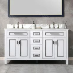 WOODBRIDGE Milan 61” Floor Mounted Single Basin Vanity Set With Solid Wood Cabinet In White And Engineered Stone Composite Vanity Top In Fish Belly White With Pre-installed Undermount Rectangle Bathroom Sink And Pre-Drilled 3-Hole For 8-inch Widespread F