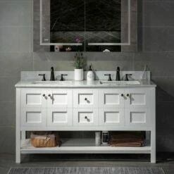 Sydney 60"Bathroom Vanity With Authentic Italian Carrara Marble Top 8" Faucet Holes|Double Rectangle Undermount Sinks|2 Soft Closing Doors And 4 Full Extension Dovetail Drawers | White Vanity Color| -Woodbridgebath Shop 60e2a3085ed08 thumb 600x600