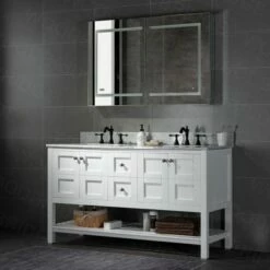 Sydney 60"Bathroom Vanity With Authentic Italian Carrara Marble Top 8" Faucet Holes|Double Rectangle Undermount Sinks|2 Soft Closing Doors And 4 Full Extension Dovetail Drawers | White Vanity Color| -Woodbridgebath Shop 60e2a30b43311 thumb 600x600