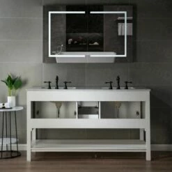 Sydney 60"Bathroom Vanity With Authentic Italian Carrara Marble Top 8" Faucet Holes|Double Rectangle Undermount Sinks|2 Soft Closing Doors And 4 Full Extension Dovetail Drawers | White Vanity Color| -Woodbridgebath Shop 60e2a30e86383 thumb 600x600