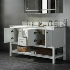 Sydney 60"Bathroom Vanity With Authentic Italian Carrara Marble Top 8" Faucet Holes|Double Rectangle Undermount Sinks|2 Soft Closing Doors And 4 Full Extension Dovetail Drawers | White Vanity Color| -Woodbridgebath Shop 60e2a310ac0cc thumb 600x600