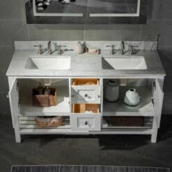 Sydney 60"Bathroom Vanity With Authentic Italian Carrara Marble Top 8" Faucet Holes|Double Rectangle Undermount Sinks|2 Soft Closing Doors And 4 Full Extension Dovetail Drawers | White Vanity Color| -Woodbridgebath Shop 60e2a3171edf4 thumb 600x600