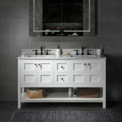 Sydney 60"Bathroom Vanity With Authentic Italian Carrara Marble Top 8" Faucet Holes|Double Rectangle Undermount Sinks|2 Soft Closing Doors And 4 Full Extension Dovetail Drawers | White Vanity Color| -Woodbridgebath Shop 60e2a31f332f6 thumb 600x600