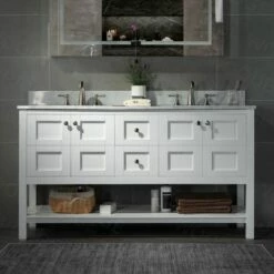 Sydney 60"Bathroom Vanity With Authentic Italian Carrara Marble Top 8" Faucet Holes|Double Rectangle Undermount Sinks|2 Soft Closing Doors And 4 Full Extension Dovetail Drawers | White Vanity Color| -Woodbridgebath Shop 60e2a3223f0c4 thumb 600x600