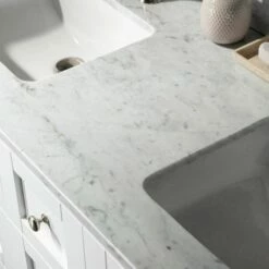 Sydney 60"Bathroom Vanity With Authentic Italian Carrara Marble Top 8" Faucet Holes|Double Rectangle Undermount Sinks|2 Soft Closing Doors And 4 Full Extension Dovetail Drawers | White Vanity Color| -Woodbridgebath Shop 60e2a32244895 thumb 600x600