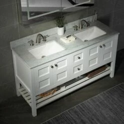 Sydney 60"Bathroom Vanity With Authentic Italian Carrara Marble Top 8" Faucet Holes|Double Rectangle Undermount Sinks|2 Soft Closing Doors And 4 Full Extension Dovetail Drawers | White Vanity Color| -Woodbridgebath Shop 60e2a324934aa thumb 600x600