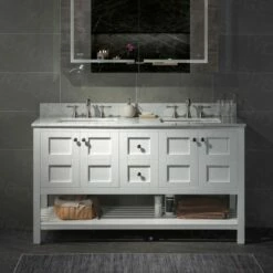 Sydney 60"Bathroom Vanity With Authentic Italian Carrara Marble Top 8" Faucet Holes|Double Rectangle Undermount Sinks|2 Soft Closing Doors And 4 Full Extension Dovetail Drawers | White Vanity Color| -Woodbridgebath Shop 60e2a325d5c78 thumb 600x600