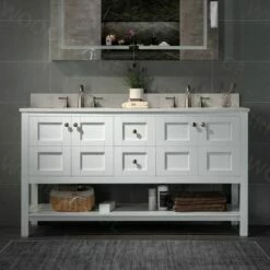 Sydney 60"Bathroom Vanity With Engineered Marble White Carrara Color Top 8" Faucet Holes|Double Rectangle Undermount Sinks|2 Soft Closing Doors And 4 Full Extension Dovetail Drawers|White Vanity Color