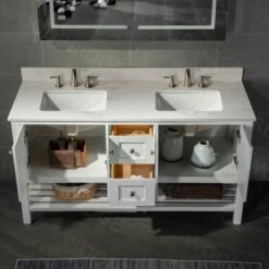 Sydney 60"Bathroom Vanity With Engineered Marble White Carrara Color Top 8" Faucet Holes|Double Rectangle Undermount Sinks|2 Soft Closing Doors And 4 Full Extension Dovetail Drawers|White Vanity Color -Woodbridgebath Shop 60e2a4dda561a thumb 600x600