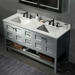 Sydney 60"Bathroom Vanity With Engineered Marble White Carrara Color Top 8" Faucet Holes |Double Rectangle Undermount Sinks|2 Soft Closing Doors And 4 Full Extension Dovetail Drawers|Grey Vanity Color -Woodbridgebath Shop 60e548070e550 thumb 600x600