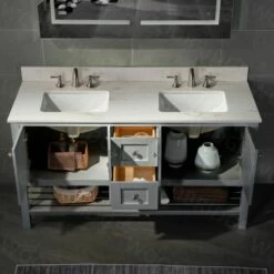 Sydney 60"Bathroom Vanity With Engineered Marble White Carrara Color Top 8" Faucet Holes |Double Rectangle Undermount Sinks|2 Soft Closing Doors And 4 Full Extension Dovetail Drawers|Grey Vanity Color -Woodbridgebath Shop 60e5480d7d125 thumb 600x600