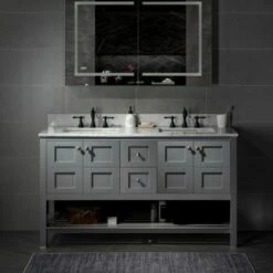 Sydney 60"Bathroom Vanity With Authentic Italian Carrara Marble Top 4" Faucet Holes|Double Rectangle Undermount Sinks|2 Soft Closing Doors And 4 Full Extension Dovetail Drawers | Grey Vanity Color|
