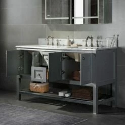 Sydney 60"Bathroom Vanity With Authentic Italian Carrara Marble Top 4" Faucet Holes|Double Rectangle Undermount Sinks|2 Soft Closing Doors And 4 Full Extension Dovetail Drawers | Grey Vanity Color| -Woodbridgebath Shop 60e5497f62570 thumb 600x600