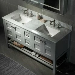 Sydney 60"Bathroom Vanity With Authentic Italian Carrara Marble Top 8" Faucet Holes|Double Rectangle Undermount Sinks|2 Soft Closing Doors And 4 Full Extension Dovetail Drawers | Grey Vanity Color| -Woodbridgebath Shop 60e54a0faec57 thumb 600x600