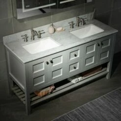 Sydney 60"Bathroom Vanity With Authentic Italian Carrara Marble Top 8" Faucet Holes|Double Rectangle Undermount Sinks|2 Soft Closing Doors And 4 Full Extension Dovetail Drawers | Grey Vanity Color| -Woodbridgebath Shop 60e54a1231fa3 thumb 600x600