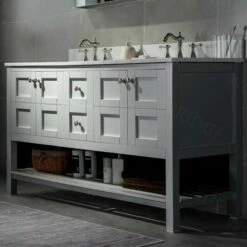 Sydney 60"Bathroom Vanity With Authentic Italian Carrara Marble Top 8" Faucet Holes|Double Rectangle Undermount Sinks|2 Soft Closing Doors And 4 Full Extension Dovetail Drawers | Grey Vanity Color| -Woodbridgebath Shop 60e54a14abcf7 thumb 600x600