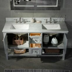 Sydney 60"Bathroom Vanity With Authentic Italian Carrara Marble Top 8" Faucet Holes|Double Rectangle Undermount Sinks|2 Soft Closing Doors And 4 Full Extension Dovetail Drawers | Grey Vanity Color| -Woodbridgebath Shop 60e54a15d851d thumb 600x600