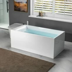 WOODBRIDGE 59" Acrylic Freestanding Bathtub Contemporary Soaking Tub With Brushed Nickel Overflow And Drain,White Tub,B-0081/BTA0081 -Woodbridgebath Shop 60f0fbd9c1f2f thumb 600x600