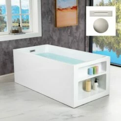 WOODBRIDGE 59" Acrylic Freestanding Bathtub Contemporary Soaking Tub With Brushed Nickel Overflow And Drain,White Tub,B-0081/BTA0081