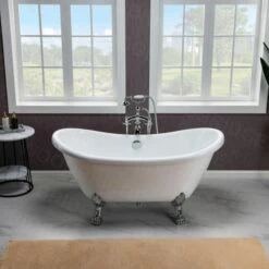 WOODBRIDGE 59" Heavy Duty Acrylic Double Slipper Clawfoot Bath Tub With Chrome Feet + Chrome Drain &Overflow
