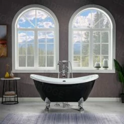 WOODBRIDGE 59" Heavy Duty Acrylic Double Slipper Clawfoot Bath Tub In Black Color With Chrome Feet + Chrome Drain &Overflow