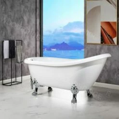 WOODBRIDGE 67" Heavy Duty Acrylic Slipper Clawfoot Bath Tub With Chrome Feet + Chrome Drain &Overflow -Woodbridgebath Shop 60f8d56dcadf9 thumb 600x600