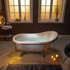 WOODBRIDGE 59" Heavy Duty Acrylic Slipper Clawfoot Bath Tub With Chrome Feet + Chrome Drain &Overflow -Woodbridgebath Shop 60f8d5df52e3b thumb 600x600