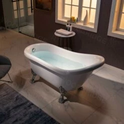WOODBRIDGE 59" Heavy Duty Acrylic Slipper Clawfoot Bath Tub With Chrome Feet + Chrome Drain &Overflow -Woodbridgebath Shop 60f8d5e2bddaf thumb 600x600