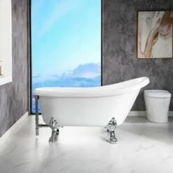 WOODBRIDGE 59" Heavy Duty Acrylic Slipper Clawfoot Bath Tub With Chrome Feet + Chrome Drain &Overflow -Woodbridgebath Shop 60f8d5edba923 thumb 600x600