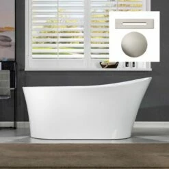 WOODBRIDGE 67" Acrylic Freestanding Bathtub Contemporary Soaking Tub With Brushed Nickel Overflow And Drain,White Tub,B0084-B/N-Drain&O
