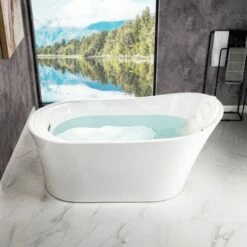 WOODBRIDGE 67" Acrylic Freestanding Bathtub Contemporary Soaking Tub With Brushed Nickel Overflow And Drain,White Tub,B0084-B/N-Drain&O -Woodbridgebath Shop 61122b2208a6e thumb 600x600
