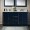 WOODBRIDGE Venice 60"x21"x33" Solid Wood Bath Vanities Side Cabinet In Navy Blue With Gold Trim And Engineered Stone Composite Vanity Top In Fish Belly White With 3 Pre-Drilled Holes For 8-inch Widespread Faucet.